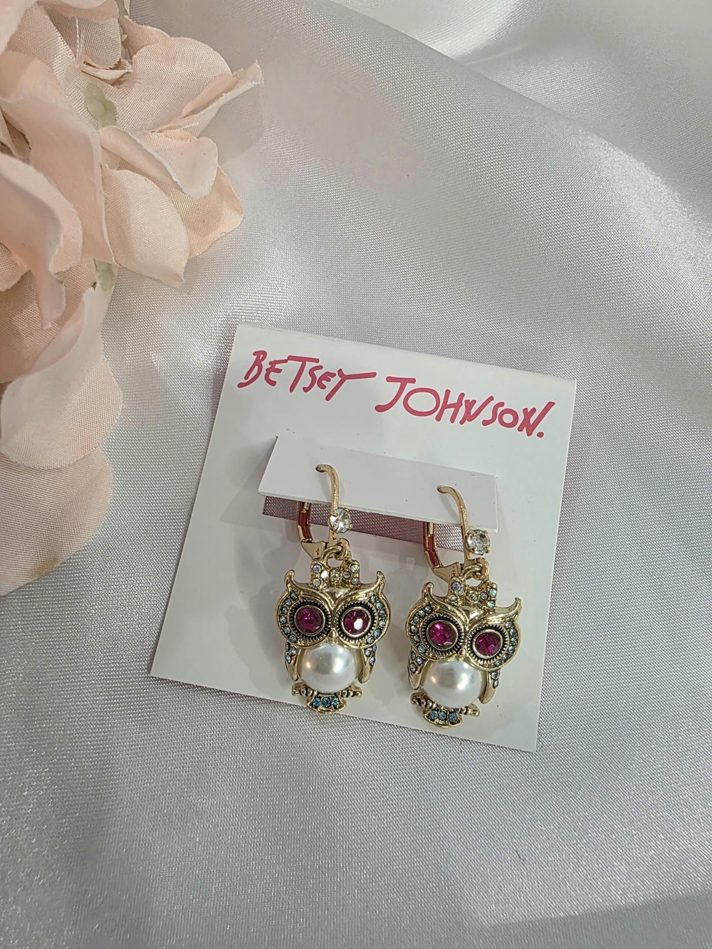 Betsey Johnson - Gold Owl Drop Earrings with Pink and Pearl Accents